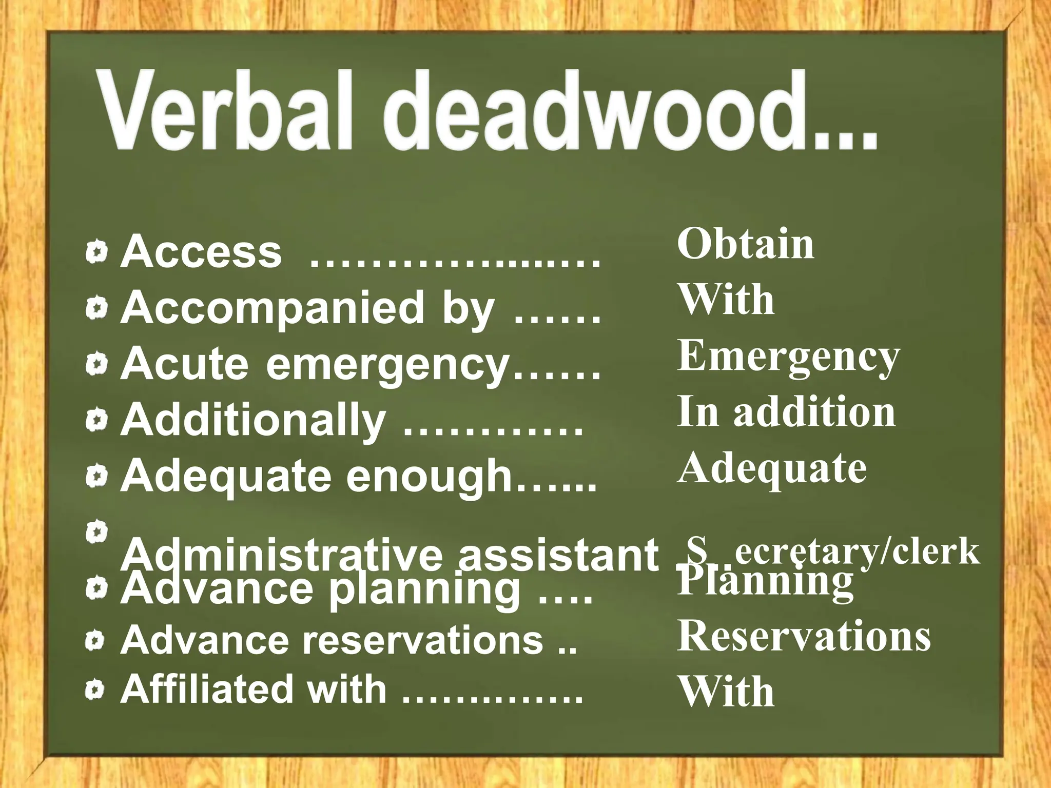 Access ………….....…
Accompanied by ……
Acute emergency……
Additionally …………
Adequate enough…...
Advance planning ….
Advance reservations ..
Affiliated with …….…….
Obtain
With
Emergency
In addition
Adequate
Administrative assistant .S..ecretary/clerk
Planning
Reservations
With
 
