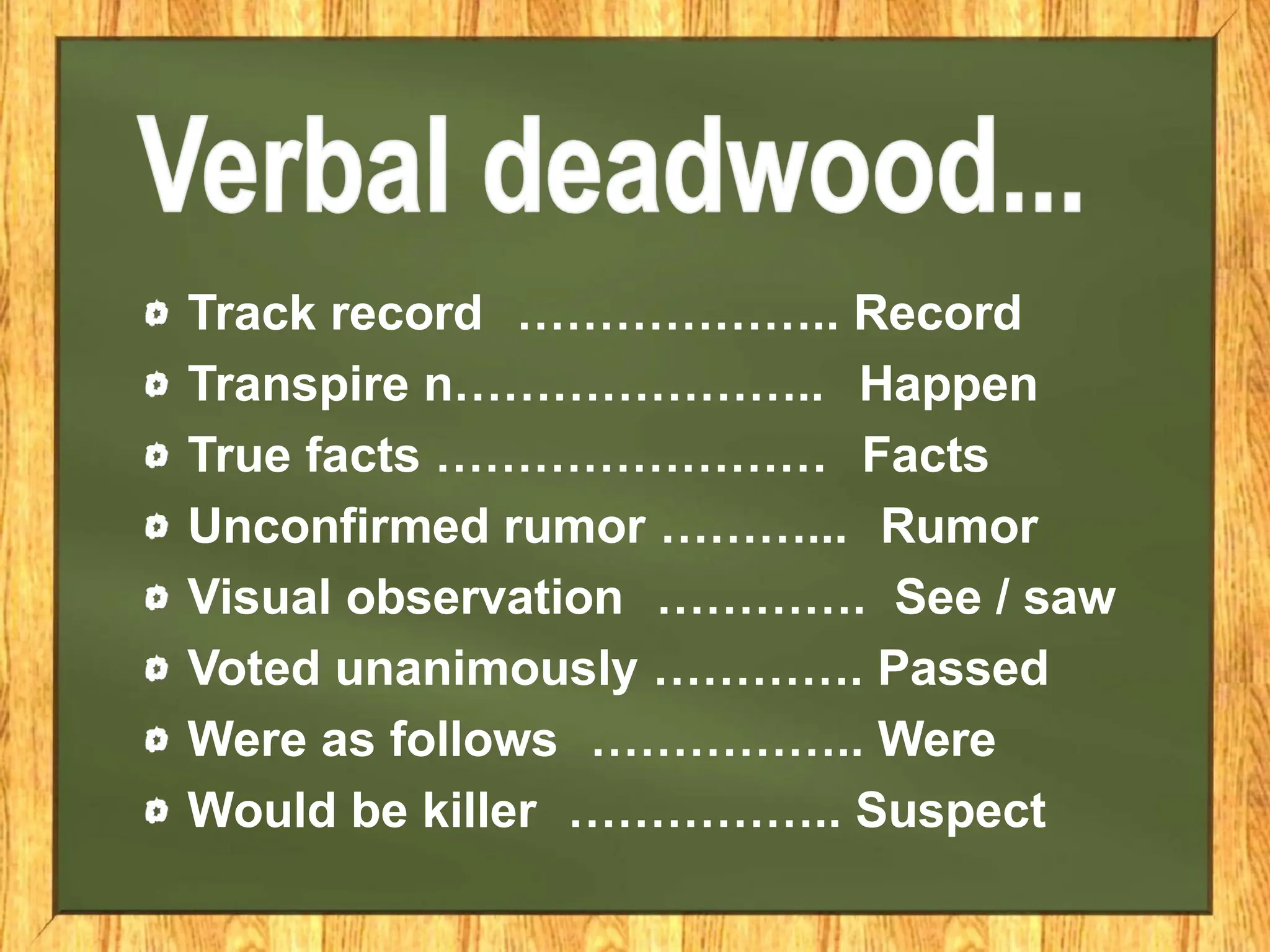 Track record ……………….. Record
Transpire n………………….. Happen
True facts …………………… Facts
Unconfirmed rumor ………... Rumor
Visual observation …………. See / saw
Voted unanimously …………. Passed
Were as follows …………….. Were
Would be killer …………….. Suspect
 