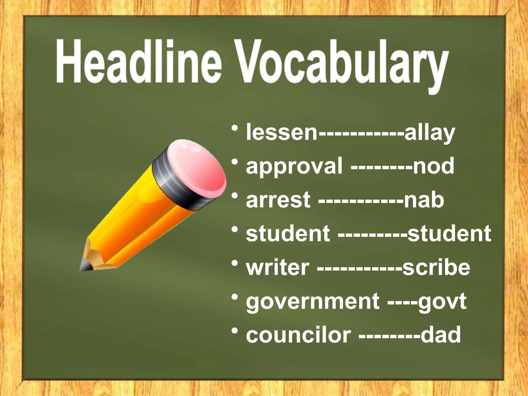 • lessen-----------allay
• approval --------nod
• arrest -----------nab
• student ---------student
• writer -----------scribe
• government ----govt
• councilor --------dad
 