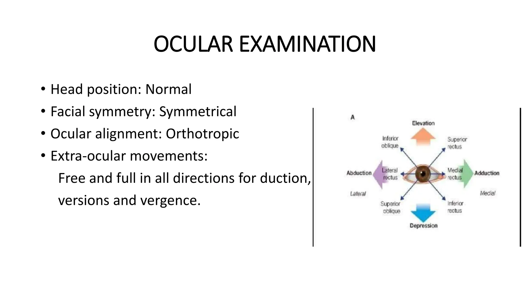 OCULAR EXAMINATION
• Head position: Normal
• Facial symmetry: Symmetrical
• Ocular alignment: Orthotropic
• Extra-ocular movements:
Free and full in all directions for duction,
versions and vergence.
 