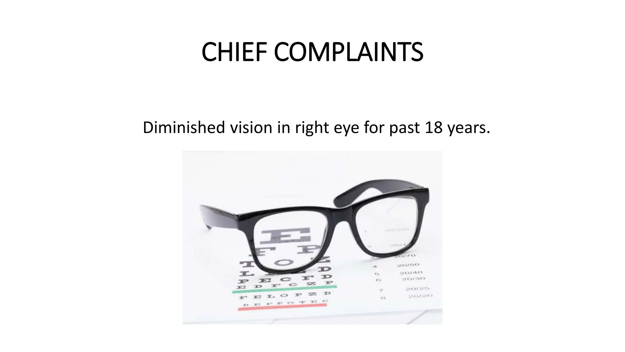 CHIEF COMPLAINTS
Diminished vision in right eye for past 18 years.
 