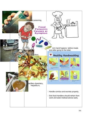 Food poisoning,

 Perform hand hygiene before meals
and after going to the toilet.
Cholera,

Bacillary dysentery,
Hepatitis A,
 Handle vomitus and excreta properly.
 Sick food handlers should refrain from
work and seek medical advice early.

181

 
