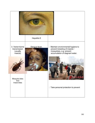 Hepatitis E

3. Vector-borne
transmission
(usually
insects)

Dengue fever,

 Maintain environmental hygiene to
prevent breeding of insects /
mosquitoes, e.g. prevent
accumulation of stagnant water.

Mosquito bites
And
Insect bites

 Take personal protection to prevent

182

 