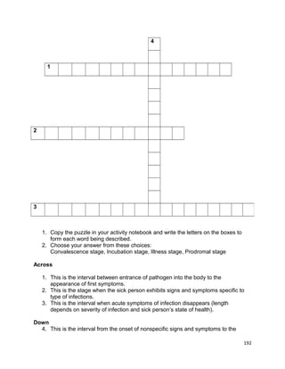 4

1

2

3

1. Copy the puzzle in your activity notebook and write the letters on the boxes to
form each word being described.
2. Choose your answer from these choices:
Convalescence stage, Incubation stage, Illness stage, Prodromal stage
Across
1. This is the interval between entrance of pathogen into the body to the
appearance of first symptoms.
2. This is the stage when the sick person exhibits signs and symptoms specific to
type of infections.
3. This is the interval when acute symptoms of infection disappears (length
depends on severity of infection and sick person’s state of health).
Down
4. This is the interval from the onset of nonspecific signs and symptoms to the
192

 