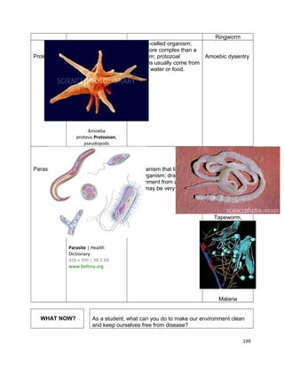 Ringworm
A single-celled organism;
much more complex than a
bacterium; protozoal
Amoebic dysentry
infections usually come from
infected water or food.

Protozoan

Amoeba
proteus Protozoan,
pseudopods

Parasite

An organism that lives in a
host organism; draws
nourishment from a host;
some may be very large.

Tapeworm,

Parasite | Health
Dictionary
426 x 399 | 38.5 KB
www.beltina.org

Malaria
WHAT NOW?

As a student, what can you do to make our environment clean
and keep ourselves free from disease?
199

 