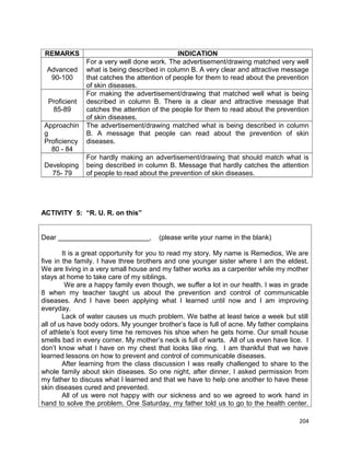 REMARKS
Advanced
90-100
Proficient
85-89
Approachin
g
Proficiency
80 - 84
Developing
75- 79

INDICATION
For a very well done work. The advertisement/drawing matched very well
what is being described in column B. A very clear and attractive message
that catches the attention of people for them to read about the prevention
of skin diseases.
For making the advertisement/drawing that matched well what is being
described in column B. There is a clear and attractive message that
catches the attention of the people for them to read about the prevention
of skin diseases.
The advertisement/drawing matched what is being described in column
B. A message that people can read about the prevention of skin
diseases.
For hardly making an advertisement/drawing that should match what is
being described in column B. Message that hardly catches the attention
of people to read about the prevention of skin diseases.

ACTIVITY 5: “R. U. R. on this”
Dear ________________________,

(please write your name in the blank)

It is a great opportunity for you to read my story. My name is Remedios, We are
five in the family. I have three brothers and one younger sister where I am the eldest.
We are living in a very small house and my father works as a carpenter while my mother
stays at home to take care of my siblings.
We are a happy family even though, we suffer a lot in our health. I was in grade
8 when my teacher taught us about the prevention and control of communicable
diseases. And I have been applying what I learned until now and I am improving
everyday.
Lack of water causes us much problem. We bathe at least twice a week but still
all of us have body odors. My younger brother’s face is full of acne. My father complains
of athlete’s foot every time he removes his shoe when he gets home. Our small house
smells bad in every corner. My mother’s neck is full of warts. All of us even have lice. I
don’t know what I have on my chest that looks like ring. I am thankful that we have
learned lessons on how to prevent and control of communicable diseases.
After learning from the class discussion I was really challenged to share to the
whole family about skin diseases. So one night, after dinner, I asked permission from
my father to discuss what I learned and that we have to help one another to have these
skin diseases cured and prevented.
All of us were not happy with our sickness and so we agreed to work hand in
hand to solve the problem. One Saturday, my father told us to go to the health center.
204

 