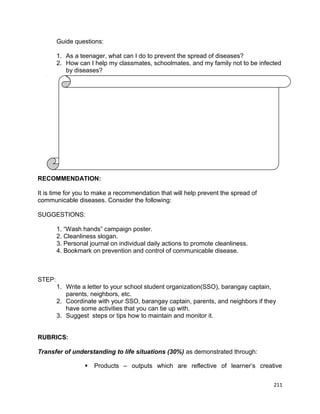 Guide questions:
1. As a teenager, what can I do to prevent the spread of diseases?
2. How can I help my classmates, schoolmates, and my family not to be infected
by diseases?

RECOMMENDATION:
It is time for you to make a recommendation that will help prevent the spread of
communicable diseases. Consider the following:
SUGGESTIONS:
1. “Wash hands” campaign poster.
2. Cleanliness slogan.
3. Personal journal on individual daily actions to promote cleanliness.
4. Bookmark on prevention and control of communicable disease.

STEP:
1. Write a letter to your school student organization(SSO), barangay captain,
parents, neighbors, etc.
2. Coordinate with your SSO, barangay captain, parents, and neighbors if they
have some activities that you can tie up with.
3. Suggest steps or tips how to maintain and monitor it.
RUBRICS:
Transfer of understanding to life situations (30%) as demonstrated through:


Products – outputs which are reflective of learner’s creative
211

 
