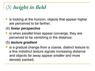 (3)  height in field <ul><li>is looking at the horizon, objects that appear higher are perceived to be farther;  </li></ul...