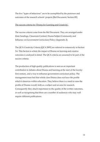 The five “types of behaviour” are to be exemplified by the processes and
outcomes of the research schools’ projects [Bid Document, Section B5].


The success criteria for ‘Drama for Learning and Creativity’


The success criteria come from the Bid Document. They are arranged under
three headings, Classroom Centred, Drama Subject Community and
Influence on Government Curriculum Policy (Appendix 2).


The QCA Creativity Criteria [QCA 2005] are referred to extensively in Section
3.6. This Section is where the impact of Drama on learning and creative
outcomes is analysed in detail. The QCA criteria are assumed to be part of the
success criteria.


The production of high quality publications is seen as an important
contribution to debates about Drama and learning at the start of the twenty-
first century, and a way to influence government curriculum policy. The
management team feel that whole class Drama does not have the profile
which it deserves within education. They believe there is a need to raise the
profile of Drama overall, both as a subject and an area for research.
Consequently they attach importance to the quality of the written outcomes,
as well as recognising that there are a number of audiences who may well
require different publications.




                                                                                14
 