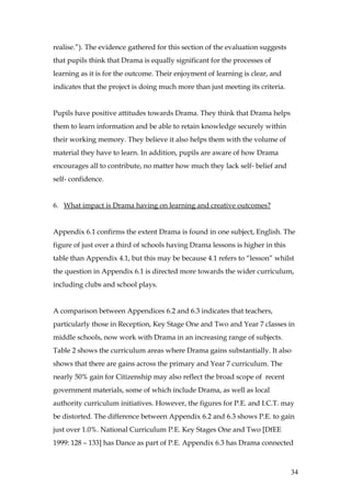realise.”). The evidence gathered for this section of the evaluation suggests
that pupils think that Drama is equally significant for the processes of
learning as it is for the outcome. Their enjoyment of learning is clear, and
indicates that the project is doing much more than just meeting its criteria.


Pupils have positive attitudes towards Drama. They think that Drama helps
them to learn information and be able to retain knowledge securely within
their working memory. They believe it also helps them with the volume of
material they have to learn. In addition, pupils are aware of how Drama
encourages all to contribute, no matter how much they lack self- belief and
self- confidence.


6. What impact is Drama having on learning and creative outcomes?


Appendix 6.1 confirms the extent Drama is found in one subject, English. The
figure of just over a third of schools having Drama lessons is higher in this
table than Appendix 4.1, but this may be because 4.1 refers to “lesson” whilst
the question in Appendix 6.1 is directed more towards the wider curriculum,
including clubs and school plays.


A comparison between Appendices 6.2 and 6.3 indicates that teachers,
particularly those in Reception, Key Stage One and Two and Year 7 classes in
middle schools, now work with Drama in an increasing range of subjects.
Table 2 shows the curriculum areas where Drama gains substantially. It also
shows that there are gains across the primary and Year 7 curriculum. The
nearly 50% gain for Citizenship may also reflect the broad scope of recent
government materials, some of which include Drama, as well as local
authority curriculum initiatives. However, the figures for P.E. and I.C.T. may
be distorted. The difference between Appendix 6.2 and 6.3 shows P.E. to gain
just over 1.0%. National Curriculum P.E. Key Stages One and Two [DfEE
1999: 128 – 133] has Dance as part of P.E. Appendix 6.3 has Drama connected



                                                                                34
 