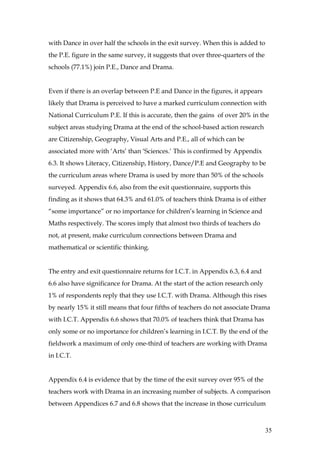 with Dance in over half the schools in the exit survey. When this is added to
the P.E. figure in the same survey, it suggests that over three-quarters of the
schools (77.1%) join P.E., Dance and Drama.


Even if there is an overlap between P.E and Dance in the figures, it appears
likely that Drama is perceived to have a marked curriculum connection with
National Curriculum P.E. If this is accurate, then the gains of over 20% in the
subject areas studying Drama at the end of the school-based action research
are Citizenship, Geography, Visual Arts and P.E., all of which can be
associated more with ‘Arts’ than ‘Sciences.’ This is confirmed by Appendix
6.3. It shows Literacy, Citizenship, History, Dance/P.E and Geography to be
the curriculum areas where Drama is used by more than 50% of the schools
surveyed. Appendix 6.6, also from the exit questionnaire, supports this
finding as it shows that 64.3% and 61.0% of teachers think Drama is of either
“some importance” or no importance for children’s learning in Science and
Maths respectively. The scores imply that almost two thirds of teachers do
not, at present, make curriculum connections between Drama and
mathematical or scientific thinking.


The entry and exit questionnaire returns for I.C.T. in Appendix 6.3, 6.4 and
6.6 also have significance for Drama. At the start of the action research only
1% of respondents reply that they use I.C.T. with Drama. Although this rises
by nearly 15% it still means that four fifths of teachers do not associate Drama
with I.C.T. Appendix 6.6 shows that 70.0% of teachers think that Drama has
only some or no importance for children’s learning in I.C.T. By the end of the
fieldwork a maximum of only one-third of teachers are working with Drama
in I.C.T.


Appendix 6.4 is evidence that by the time of the exit survey over 95% of the
teachers work with Drama in an increasing number of subjects. A comparison
between Appendices 6.7 and 6.8 shows that the increase in those curriculum



                                                                                  35
 