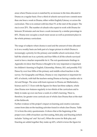 areas where Drama occurs is matched by an increase in the time allocated to
Drama on a regular basis. Over a third of schools surveyed now commit more
than one hour a week to Drama, either within English/Literacy or across the
curriculum. This is in contrast with less than 5% at the start of the project. The
rise is over 25%. The number of schools who expect to work with Drama for
between 30 minutes and one hour a week increases by a similar percentage to
60%. Drama now occupies a much more secure as well as prominent place in
the whole primary curriculum.


The range of subjects where drama is used and the amount of time allocated
to it on a weekly basis are both part of a larger picture in which Drama is
increasingly a priority for the primary and middle school curriculum. Over
half the schools see it as a priority and four fifths of all the schools surveyed
want to have a teacher responsible for it. The exit questionnaire findings in
Appendix 6.6 show that Drama is thought to be very important or important
for children’s learning in English, Citizenship, History, R.E. and possibly P.E/
Dance by over four fifths of the primary and middle school teachers in the
survey. For Geography and Music, Drama is very important or important for
60% of schools, with half the teachers seeing Drama as having a similar role in
Art and Design. The areas with least exposure to Drama are Mathematics,
Science and I.C.T. Even with the figures for these last three subjects, whole
class Drama now features regularly in two thirds of the curriculum and is
likely to make up over one hour a week of a child’s learning. There is,
therefore, far greater cross curricula use of whole class Drama than at the start
of the fieldwork.
Further evidence of the project’s impact on learning and creative outcomes
comes from data on the teaching activities found in whole class Drama. Table
3.1 is from the entry questionnaire. It shows that at the beginning of the
project over a fifth of teachers use Hot seating, Role play and Enacting (which
includes ‘Acting out’ and ‘Act out’). When the scores for Role play and
Enacting are added together they make up 42%, which is twice the figure for



                                                                                    36
 