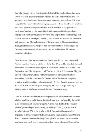 start of a change. Freeze framing is in all four of the combinations that score
above 10% with Teacher in role in three of the same combinations and Hot
seating in two. Acting out does not appear in these combinations. This adds
weight to the view that the teaching sequences in whole class Drama teaching
now use a greater variety of activities than at the start of the project. In
particular, Teacher in role is combined with opportunities for pupils to
engage with their learning as questioners and respondents (Hot seating) and
experts (Mantle of the expert) whose points of view as thinkers are valued as
well as respected (Thought tracking). The emphasis on Drama as making
through activities like Acting out and Role play starts to be challenged by
Drama conventions that allow for the internal elaboration of ideas and
conscious reflection.


Table 4.3 shows that a combination of Acting out, Freeze, Movement and
Teacher in role is found in a fifth of whole class Drama. The blend of physical
movement, stillness and making is still prominent, therefore, in whole class
Drama teaching. But the presence of Teacher in role and Conscience Alley in
tandem with Acting Out is a further indication of a movement in how
teachers work in the classroom. With over 10% of Drama teaching now
bringing together making, elaboration and reflection there is more support for
the view that its overall shape is changing. The role of pupil thinking is
coming more to the forefront of whole class Drama teaching.


The idea that teachers may be attaching significance to connections between
whole class Drama and thinking is both denied and confirmed by the initial
focus of the research schools’ projects. Almost two thirds of the research
schools’ projects begin by focussing on writing (Table 1). Appendix 6.5
reveals that over 97% of the teachers think Drama is either central or
important to the development of Listening and Speaking (En1) and Writing
(En3). The same items for Reading (En2) give 53.3%, which indicates that
teachers make much less of a connection between reading and Drama than



                                                                                  41
 