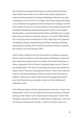 they do between speaking and listening and writing. When this finding is
taken further it shows that over four-fifths of the teachers think Drama is
central to the development of Listening and Speaking, whilst the same reply
for Reading is 15.6% and 37.7% for Writing. Thus the data implies that Drama
is not considered to be significant for the development of reading by over 85%
of the teachers in the survey. For them, Drama is more closely associated with
the English listening and speaking programmes of study. It can be argued
that this denies a connection between En1, Drama and thinking. For example
there is only one reference to problem-solving as a “key skill” [DfEE 1999: 8].
The “Group discussion and interaction” for Key Stage 2 has in its “purposes”
investigating, editing, sorting; planning, predicting, exploring; explaining,
reporting and evaluating. They all seem to be present in Drama conventions
like Teacher in role and Conscience Alley.


There is firmer evidence for the view that teachers are making a connection
between whole class Drama and the development of thinking. It comes from
data collected for questions that cover teachers’ ideas about the purposes of
Drama. Appendices 6.10 to 6.13 show consistently high scores for “Creative
and thinking skills.” This may be caused partly by teachers knowing that the
project’s title of ‘Drama for Learning and Creativity’ carries with it notions of
creativity, learning and thinking. All three are terms found in the title and
publicity. If allowance is made for this, then the data suggest that teachers
may value Drama because it promotes a cluster of verbal, thinking and
collaborative skills.


In the following diagram the Entry Questionnaire returns have ‘Creative and
thinking skills’ as over 15% more than the following two purposes, ‘Enhance
learning in other subjects’ and ‘Communication and expressive skills.’ With
‘Working co-operatively’ less than 3% behind them it implies that - at the start
of ‘Drama for Learning and Creativity’ - teachers see Drama in terms of a




                                                                                42
 