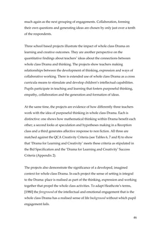 much again as the next grouping of engagements. Collaboration, forming
their own questions and generating ideas are chosen by only just over a tenth
of the respondents.


Three school based projects illustrate the impact of whole class Drama on
learning and creative outcomes. They are another perspective on the
quantitative findings about teachers’ ideas about the connections between
whole class Drama and thinking. The projects show teachers making
relationships between the development of thinking, expression and ways of
collaborative working. There is extended use of whole class Drama as a cross
curricula means to stimulate and develop children’s intellectual capabilities.
Pupils participate in teaching and learning that fosters purposeful thinking,
empathy, collaboration and the generation and formation of ideas.


At the same time, the projects are evidence of how differently three teachers
work with the idea of purposeful thinking in whole class Drama. Each is
distinctive: one shows how mathematical thinking within Drama benefit each
other; a second looks at speculation and hypotheses making in a Reception
class and a third generates affective response to non fiction. All three are
matched against the QCA Creativity Criteria (see Tables 6, 7 and 8) to show
that ‘Drama for Learning and Creativity’ meets these criteria as stipulated in
the Bid Specification and the ‘Drama for Learning and Creativity’ Success
Criteria (Appendix 2).


The projects also demonstrate the significance of a developed, imagined
context for whole class Drama. In each project the sense of setting is integral
to the Drama: place is realised as part of the thinking, expression and working
together that propel the whole class activities. To adapt Heathcote’s terms,
[1980] the foreground of the intellectual and emotional engagement that is the
whole class Drama has a realised sense of life background without which pupil
engagement fails.



                                                                                  46
 