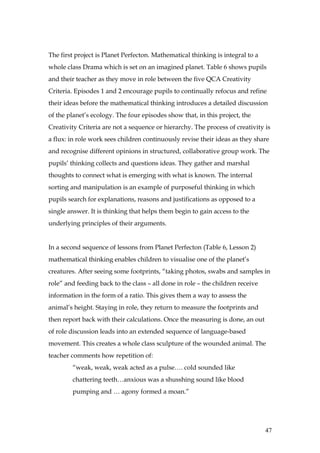 The first project is Planet Perfecton. Mathematical thinking is integral to a
whole class Drama which is set on an imagined planet. Table 6 shows pupils
and their teacher as they move in role between the five QCA Creativity
Criteria. Episodes 1 and 2 encourage pupils to continually refocus and refine
their ideas before the mathematical thinking introduces a detailed discussion
of the planet’s ecology. The four episodes show that, in this project, the
Creativity Criteria are not a sequence or hierarchy. The process of creativity is
a flux: in role work sees children continuously revise their ideas as they share
and recognise different opinions in structured, collaborative group work. The
pupils’ thinking collects and questions ideas. They gather and marshal
thoughts to connect what is emerging with what is known. The internal
sorting and manipulation is an example of purposeful thinking in which
pupils search for explanations, reasons and justifications as opposed to a
single answer. It is thinking that helps them begin to gain access to the
underlying principles of their arguments.


In a second sequence of lessons from Planet Perfecton (Table 6, Lesson 2)
mathematical thinking enables children to visualise one of the planet’s
creatures. After seeing some footprints, “taking photos, swabs and samples in
role” and feeding back to the class – all done in role – the children receive
information in the form of a ratio. This gives them a way to assess the
animal’s height. Staying in role, they return to measure the footprints and
then report back with their calculations. Once the measuring is done, an out
of role discussion leads into an extended sequence of language-based
movement. This creates a whole class sculpture of the wounded animal. The
teacher comments how repetition of:
        “weak, weak, weak acted as a pulse…. cold sounded like
        chattering teeth…anxious was a shusshing sound like blood
        pumping and … agony formed a moan.”




                                                                                47
 