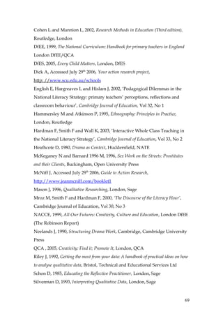 Cohen L and Mannion L, 2002, Research Methods in Education (Third edition),
Routledge, London
DfEE, 1999, The National Curriculum: Handbook for primary teachers in England
London DfEE/QCA
DfES, 2005, Every Child Matters, London, DfES
Dick A, Accessed July 29th 2006, Your action research project,
http: //www.scu.edu.au/schools
English E, Hargreaves L and Hislam J, 2002, ‘Pedagogical Dilemmas in the
National Literacy Strategy: primary teachers’ perceptions, reflections and
classroom behaviour’, Cambridge Journal of Education, Vol 32, No 1
Hammersley M and Atkinson P, 1995, Ethnography: Principles in Practice,
London, Routledge
Hardman F, Smith F and Wall K, 2003, ‘Interactive Whole Class Teaching in
the National Literacy Strategy’, Cambridge Journal of Education, Vol 33, No 2
Heathcote D, 1980, Drama as Context, Huddersfield, NATE
McKeganey N and Barnard 1996 M, 1996, Sex Work on the Streets: Prostitutes
and their Clients, Buckingham, Open University Press
McNiff J, Accessed July 29th 2006, Guide to Action Research,
http://www.jeanmcniff.com/booklet1
Mason J, 1996, Qualitative Researching, London, Sage
Mroz M, Smith F and Hardman F, 2000, ‘The Discourse of the Literacy Hour’,
Cambridge Journal of Education, Vol 30, No 3
NACCE, 1999, All Our Futures: Creativity, Culture and Education, London DfEE
(The Robinson Report)
Neelands J, 1990, Structuring Drama Work, Cambridge, Cambridge University
Press
QCA , 2005, Creativity: Find it; Promote It, London, QCA
Riley J, 1992, Getting the most from your data: A handbook of practical ideas on how
to analyse qualitative data, Bristol, Technical and Educational Services Ltd
Schon D, 1985, Educating the Reflective Practitioner, London, Sage
Silverman D, 1993, Interpreting Qualitative Data, London, Sage



                                                                                  69
 