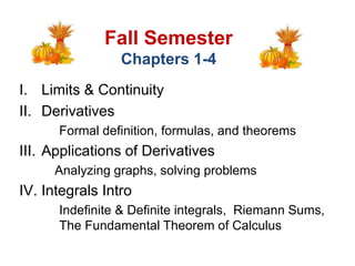 I. Limits & Continuity
II. Derivatives
Formal definition, formulas, and theorems
III. Applications of Derivatives
Analyzing graphs, solving problems
IV. Integrals Intro
Indefinite & Definite integrals, Riemann Sums,
The Fundamental Theorem of Calculus
Fall Semester
Chapters 1-4
 