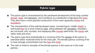 Pyknic type
◉ The pyknic type is characterized by the peripheral development of the body cavities
(breast, head, and stomach), and a tendency to a distribution of fat about the torso.
They also have a more graceful construction of the motor apparatus (limbs and
shoulders).
◉ The characteristics of the well-developed cases: rounded figure, middle height, a
soft broad face on a short massive neck, sitting between the shoulders, shoulders
are not broad; soft, rounded, and displaying little muscle relief limbs, the hands soft,
rather wide and short.
◉ The pyknic type tend emphatically to a covering of fat.The obesity of the pyknic is
restricted within moderate limits for the most part. The female pyknics covering of fat
is more strongly concentrated over the hips and chest.
◉ The ratio of chest to shoulder of the female pyknics is the same as in the male
pyknics.
15
 