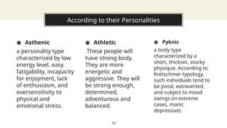 ◉ Asthenic
a personality type
characterised by low
energy level, easy
fatigability, incapacity
for enjoyment, lack
of enthusiasm, and
oversensitivity to
physical and
emotional stress.
◉ Athletic
These people will
have strong body.
They are more
energetic and
aggressive. They will
be strong enough,
determined,
adventurous and
balanced.
◉ Pyknic
a body type
characterized by a
short, thickset, stocky
physique. According to
Kretschmer typology,
such individuals tend to
be jovial, extraverted,
and subject to mood
swings (in extreme
cases, manic
depressive).
According to their Personalities
18
 