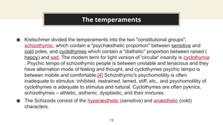 The temperaments
◉ Kretschmer divided the temperaments into the two "constitutional groups":
schizothymic, which contain a "psychæsthetic proportion" between sensitive and
cold poles, and cyclothymes which contain a "diathetic" proportion between raised (
happy) and sad. The modern term for light version of 'circular' insanity is cyclothymia
. Psychic tempo of schizothymic people is between unstable and tenacious and they
have alternation mode of feeling and thought, and cyclothymes psychic tempo is
between mobile and comfortable.[4] Schizothymic's psychomotility is often
inadequate to stimulus: inhibited, restrained, lamed, stiff, etc., and psychomotility of
cyclothymes is adequate to stimulus and natural. Cyclothymes are often pyknics,
schizothymes – athletic, asthenic, dysplastic, and their mixtures.
◉ The Schizoids consist of the hyperæsthetic (sensitive) and anæsthetic (cold)
characters.
19
 