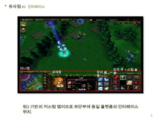 * 유사점 #2 인터페이스




     미니맵                          조작 부 + 스킬 슬
                 상태창       장비 슬   롯
                           롯




      워3 기반의 커스텀 맵이므로 하단부에 동일 플랫폼의 인터페이스
      위치.
                                                6
 