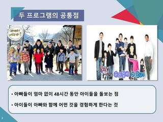 • 아빠들이 엄마 없이 48시간 동안 아이들을 돌보는 점 
• 아이들이 아빠와 함께 어떤 것을 경험하게 한다는 것 
3 
두 프로그램의 공통점 
 