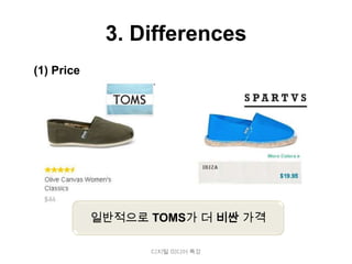 3. Differences
(1) Price




            일반적으로 TOMS가 더 비싼 가격

                  디지털 미디어 특강
 