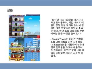 결론

     - 원작인 Tiny Tower는 아기자기
     하고 귀여운우며, 게임 내의 디테
     일이 상당히 잘 꾸며져 있어서 질
     리지 않고 오랫동안 게임을 즐길
     수 있다. 반면 소셜 네트워킹 부분
     에서는 조금 아쉬운 면이 있다.

     - Dream Tower는 이러한 원작에
     소셜 네트워킹을 더욱 강화하였
     다. FaceBook을 지원하여 누구나
     쉽게 친구들을 초대하여 플레이
     가 가능하다. 반면 원작에 비해 게
     임의 디테일한 재미가 사라져 아
     쉽다.
 