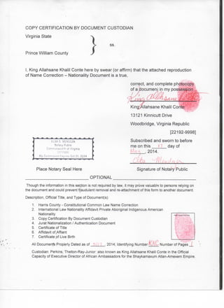 Copy certification by document custodian King Allahsane Khalil Conte - Common Law Name Correction, International Law Nationality Affidavit, Custodian Information