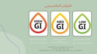 ‫الجاليسيمي‬ ‫المؤشر‬
‫دقيقة‬ 20 - 15 ‫قبل‬ ‫الجرعة‬ : ‫بالنطاق‬ ‫السكر‬
High Glycemic Index
‫دقيقة‬ 15 - 10 ‫قبل‬ ‫الجرعة‬ : ‫بالنطاق‬ ‫السكر‬
Medium Glycemic
Index
‫دقايق‬ 5 ‫قبل‬ ‫الجرعة‬ : ‫النطاق‬ ‫في‬ ‫السكر‬
Low Glycemic Index
‫الطبيعي‬ ‫النطاق‬ ‫من‬ ‫أعىل‬ ‫الجلوكوز‬ ‫مستوى‬ ‫حال‬ ‫في‬
‫وجبة‬ ‫جرعة‬ + ‫تصحيح‬ ‫جرعة‬ ‫تؤخذ‬
‫للزيادة‬ ‫قابلة‬ ‫و‬ ‫دقيقة‬ 35 - 25 ‫من‬ ‫الحقن‬ ‫ومناطق‬ ‫االنسولين‬ ‫حساسية‬ ‫حسب‬ ‫األنتظار‬ ‫مدة‬
 