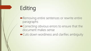 Editing
Removing entire sentences or rewrite entire
paragraphs
Correcting obvious errors to ensure that the
document makes sense
Cuts down wordiness and clarifies ambiguity
 