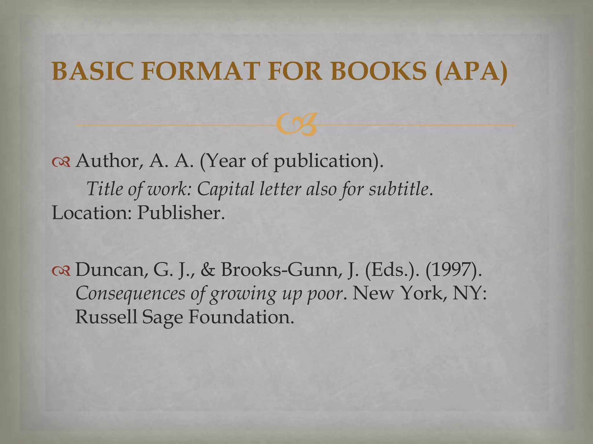BASIC FORMAT FOR BOOKS (APA)


 Author, A. A. (Year of publication).
Title of work: Capital letter also for subtitle.
Location: Publisher.
 Duncan, G. J., & Brooks-Gunn, J. (Eds.). (1997).
Consequences of growing up poor. New York, NY:
Russell Sage Foundation.

 