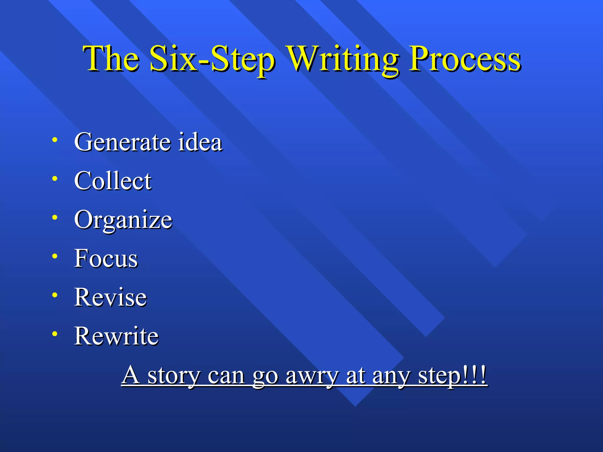 The Six-Step Writing Process

•   Generate idea
•   Collect
•   Organize
•   Focus
•   Revise
•   Rewrite
        A story can go awry at any step!!!
 