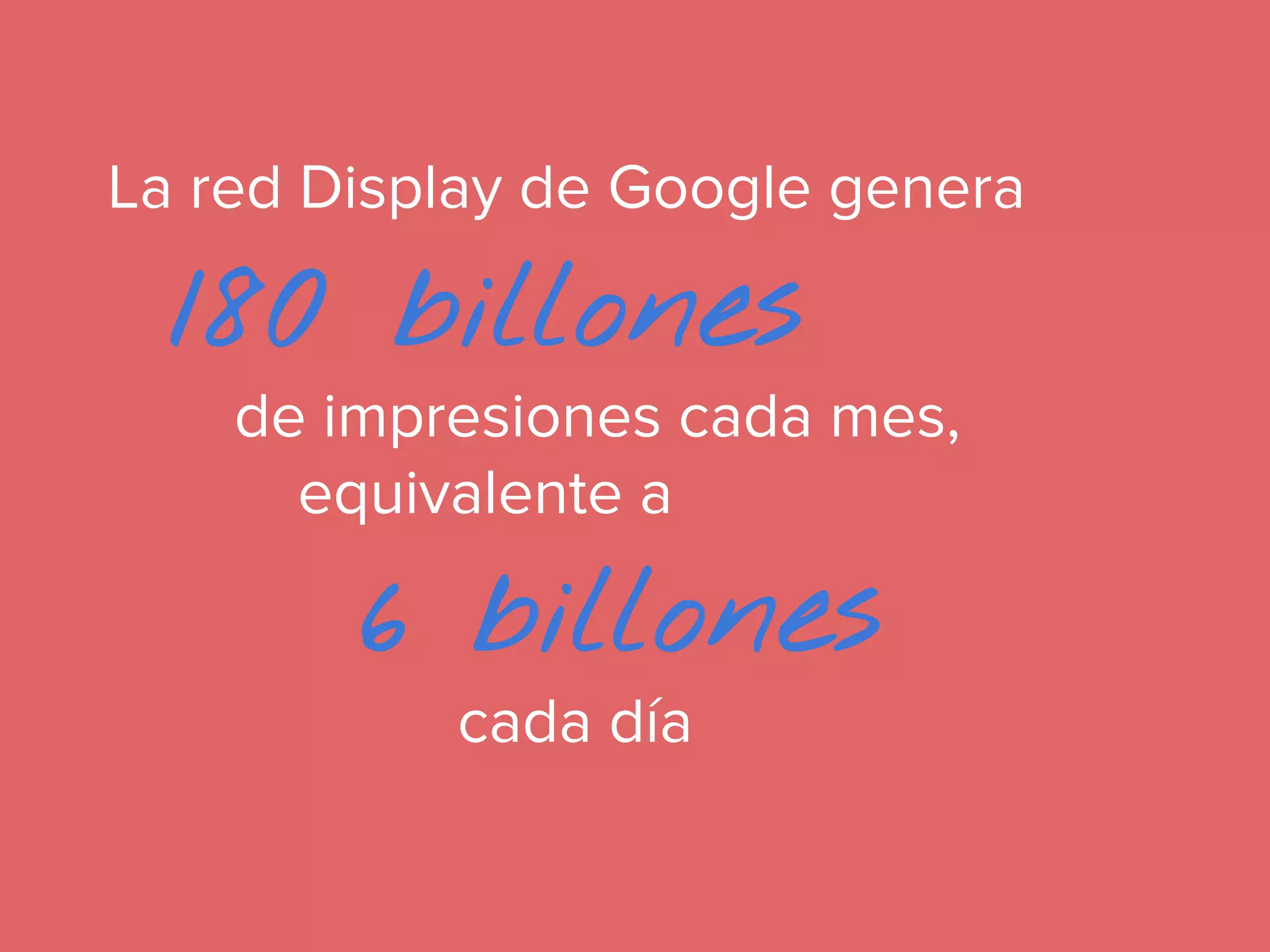 La red Display de Google genera

180 billones

de impresiones cada mes,
equivalente a

6 billones
cada día

 