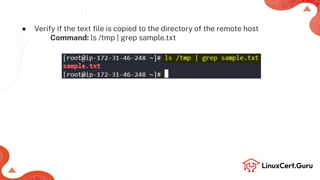 ● Verify if the text ﬁle is copied to the directory of the remote host
Command: ls /tmp | grep sample.txt
 