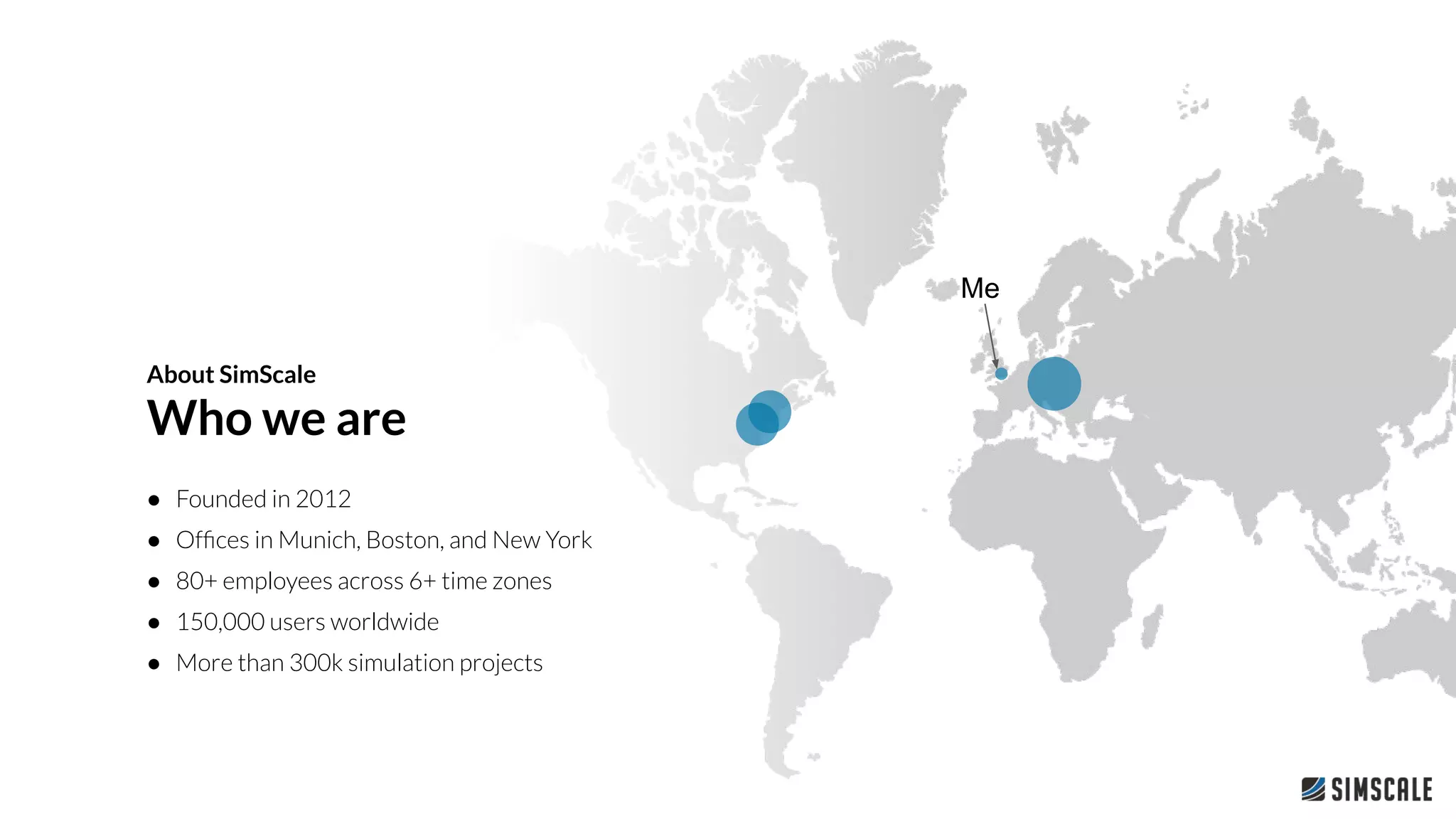 About SimScale
Who we are
● Founded in 2012
● Ofﬁces in Munich, Boston, and New York
● 80+ employees across 6+ time zones
● 150,000 users worldwide
● More than 300k simulation projects
Me
 