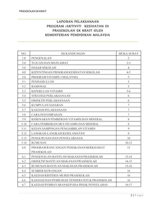 PRASEKOLAHSKKRAIT
1 | P a g e
NO. ISI KANDUNGAN MUKA SURAT
1.0 PENGENALAN 2
2.0 TUJUAN DAN MATLAMAT 2-3
3.0 DASAR SEKOLAH 4
4.0 KEPENTINGAN PROGRAM KESIHATANSEKOLAH 4-5
5.0 PROGRAM VITAMIN 1 MALAYSIA 5
5.1 PENDAHULUAN 5
5.2 RASIONAL 5
5.3 KEPERLUAN VITAMIN 5-6
5.4 STRATEGI PERLAKSANAAN 6
5.5 OBJEKTIF PERLAKSANAAN 6
5.6 KUMPULAN SASARAN 7
5.7 KAEDAH PELAKSANAAN 7
5.8 CARA PENYIMPANAN 7
5.9 KEBENARAN PEMBERIAN VITAMINDAN MINERAL. 8
5.10 CARA PEMBERIAN MULTIVAMIN DAN MINERAL 8
5.11 KESAN SAMPINGAN PENGAMBILANVITAMIN 9
5.12 LANGKAH-LANGKAH KESELAMATAN 9
5.13 PENGURUSAN DAN PENYELARASAN 10
5.14 RUMUSAN 10-12
6.0 PROGRAM RANCANGAN PEMAKANAN BERKHASIAT
PRASEKOLAH
13
6.1 PENGENALAN BANTUAN MAKANANPRASEKOLAH 13-14
6.2 OBJEKTIF BANTUAN MAKANANPRASEKOLAH 14-15
6.3 RUMUSAN BANTUAN MAKANAN PRASEKOLAH 15-16
6.4 SUMBER KEWANGAN 16
6.5 KAEDAH KRITERIA MURID PRASEKOLAH 16
6.6 KAEDAH DAN PEMILIHAN TENDERUNTUK PRASEKOLAH 16
6.7 KAEDAH PEMBAYARANKEPADA PIHAK PENYELARAS 16-17
LAPORAN PELAKSANAAN
PROGRAM /AKTIVITI KESIHATAN DI
PRASEKOLAH SK KRAIT OLEH
KEMENTERIAN PENDIDIKAN MALAYSIA
 