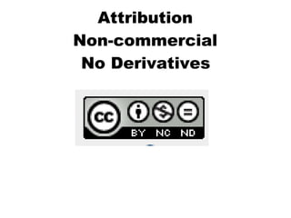 Attribution  Non-commercial  No Derivatives   credit the author non-commercial use only no editing of content 