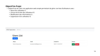 14
Objectif du Projet
• L’objectif est de créer une application web simple permettant de gérer une liste d’utilisateurs avec :
⚬ Ajout d’un utilisateur C .
⚬ Lecture de la liste des utilisateurs R.
⚬ Modification des informations U .
⚬ Suppression d’un utilisateur D.
 
