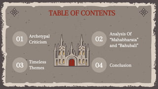 Archetypal
Criticism
Analysis Of
“Mahabharata”
and “Bahubali”
Timeless
Themes
Conclusion
01
03
02
04
TABLE OF CONTENTS
 