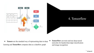 ● Tensors are the standard way of representing data in deep
learning and Tensorflow computes data as a dataflow graph
4. Tensorflow
● TensorFlow can train and run deep neural
networks for handwritten digit classification
and image recognition
11
 