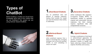 Types of
ChatBot
Before building a chatbot we should have
knowledge about type of the chatbot that
we are building.In this project we are
using retrieval -based ChatBots.
1.Rule-Based Chatbots
rely on predefined rules and
patterns to generate responses,
making them suitable for simple
use cases but limited in their ability
to understand.
3.Generative Chatbots
utilize techniques like sequence-
to-sequence models, RNNs, or
transformer models to generate
original and contextually relevant
responses, but their training
requires significant data and
computational resources.
2.Retrieval-Based
Chatbots
utilize predefined responses from a
dataset or knowledge base, leveraging
techniques such as keyword matching,
TF-IDF, or word embeddings to
analyze user inputs
4.Hybrid Chatbots
leverage a combination of rule-based
or retrieval-based approaches for
specific scenarios while integrating
generative models to handle user
inputs, achieving a balance between
response flexibility and accuracy..
3
 
