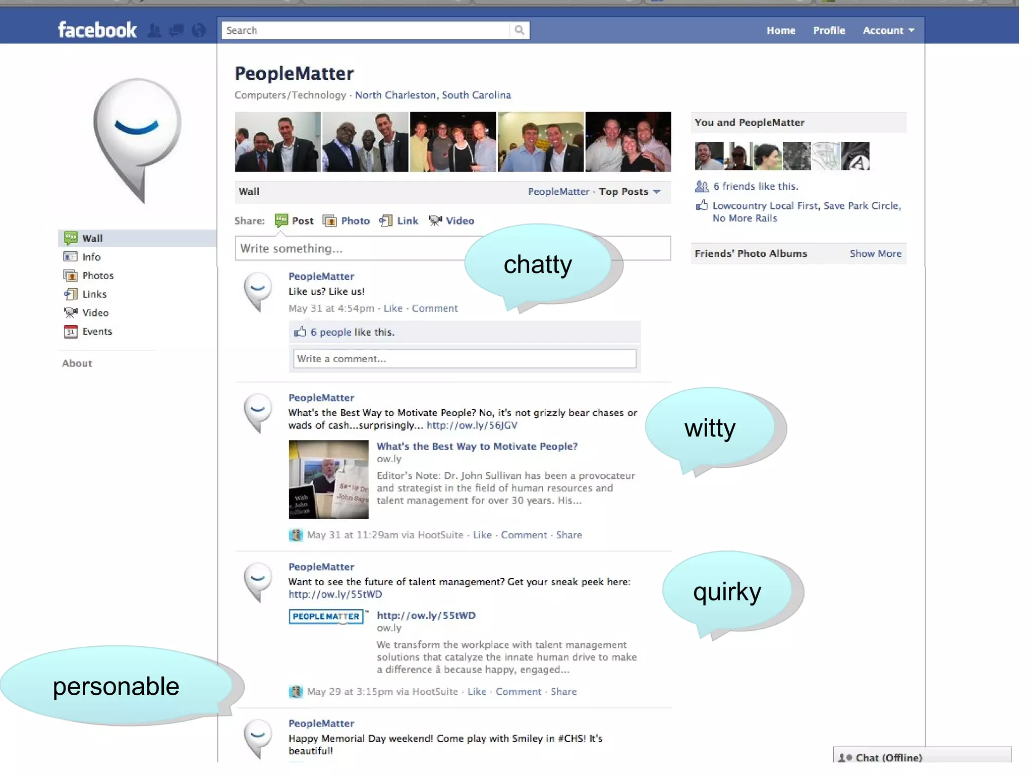 witty personable chatty quirky 