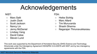 NIST Microbial Genomic Reference Materials
Acknowledgements
FDA:
○ Heike Sichtig
○ Marc Allard
○ Tim Muruvanda
○ Shashi Sharma
○ Nagarajan Thirunavukkarasu
NIST:
○ Marc Salit
○ Justin Zook
○ Scott Jackson
○ Nancy Lin
○ Jenny McDaniel
○ Lindsay Vang
○ David Catoe
○ Steven Lund
This work was supported by the Department of Homeland Security (DHS) Science and Technology
Directorate under the Interagency Agreement HSHQPM-12-X-00078 with NIST and by two interagency
agreements with the FDA.
 