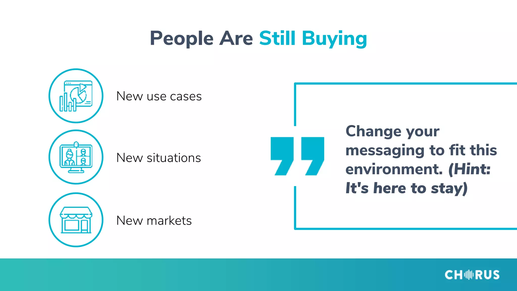 People Are Still Buying
Change your
messaging to fit this
environment. (Hint:
It's here to stay)
New use cases
New situations
New markets
 