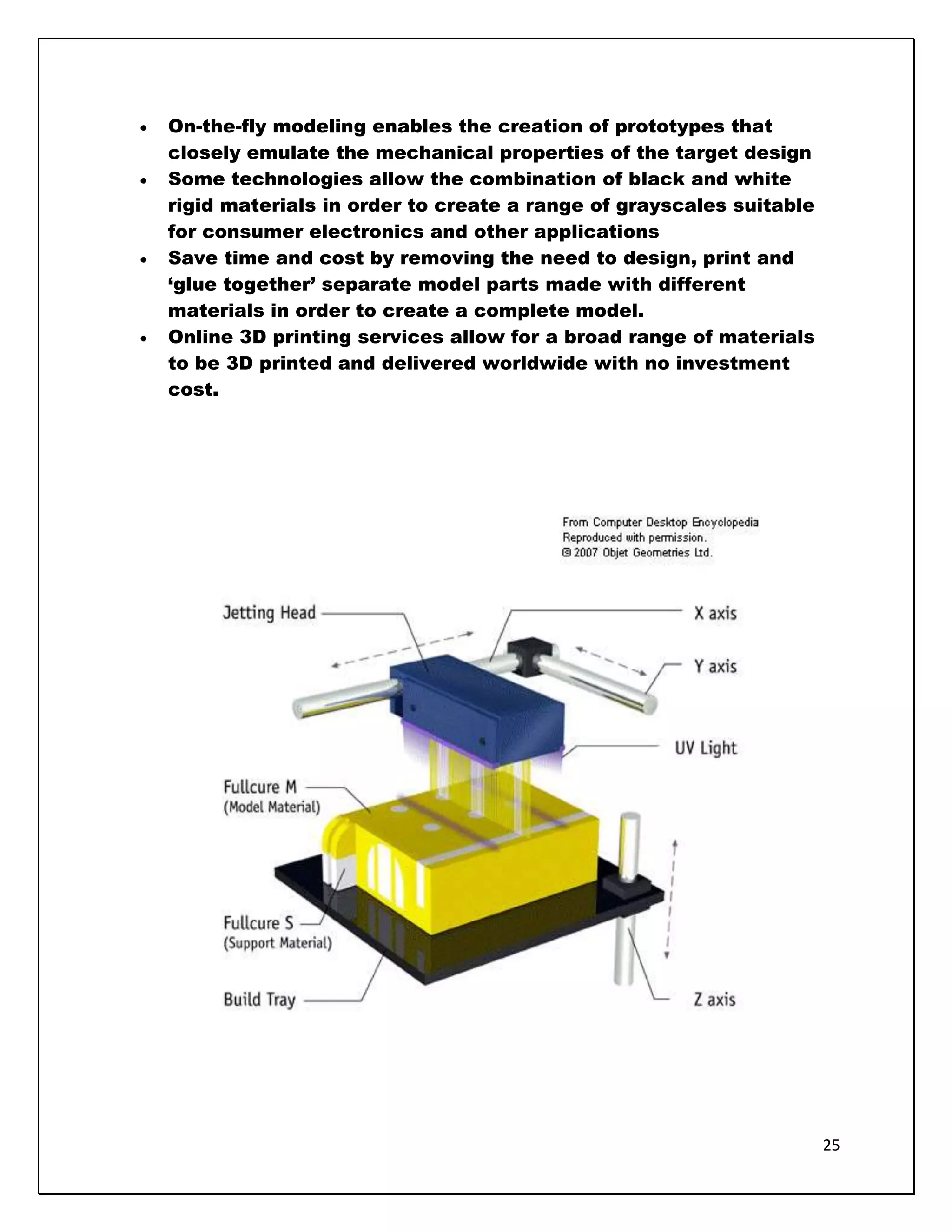 On-the-fly modeling enables the creation of prototypes that
closely emulate the mechanical properties of the target design
Some technologies allow the combination of black and white
rigid materials in order to create a range of grayscales suitable
for consumer electronics and other applications
Save time and cost by removing the need to design, print and
‗glue together‘ separate model parts made with different
materials in order to create a complete model.
Online 3D printing services allow for a broad range of materials
to be 3D printed and delivered worldwide with no investment
cost.




                                                                    25
 