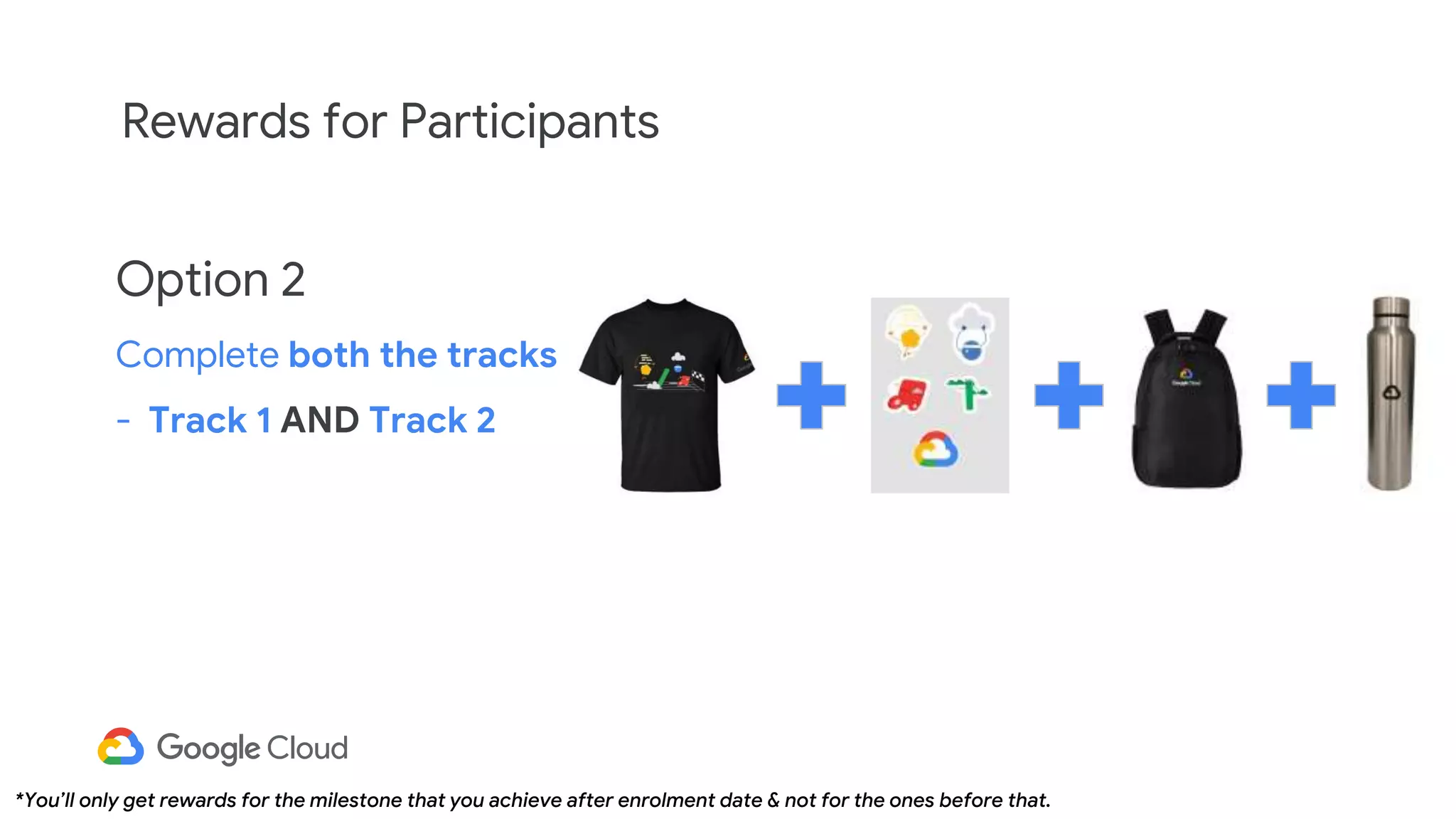 Option 2
Complete both the tracks
- Track 1 AND Track 2
Rewards for Participants
*You’ll only get rewards for the milestone that you achieve after enrolment date & not for the ones before that.
 