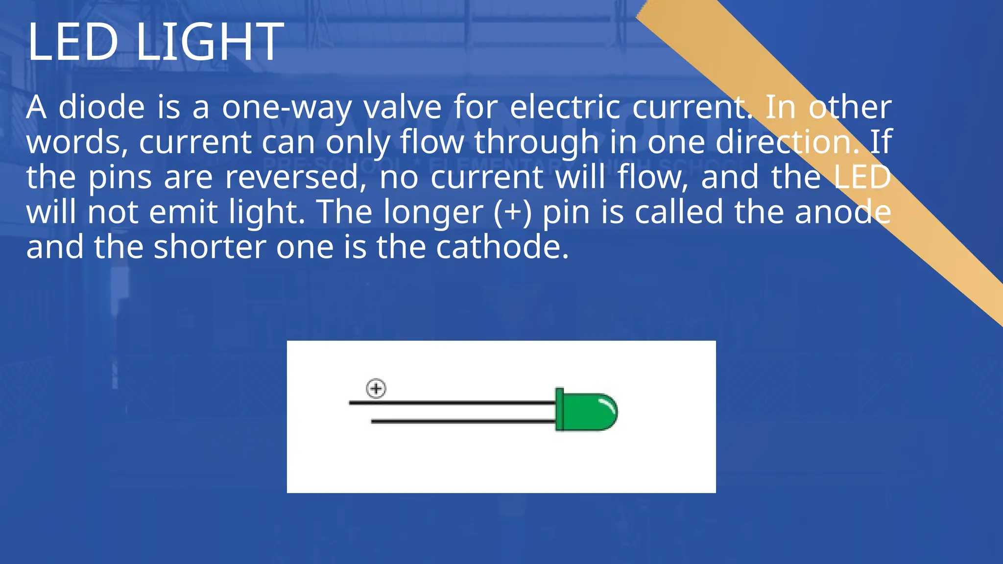 A diode is a one-way valve for electric current. In other
words, current can only flow through in one direction. If
the pins are reversed, no current will flow, and the LED
will not emit light. The longer (+) pin is called the anode
and the shorter one is the cathode.
LED LIGHT
 