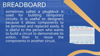 BREADBOARD
sometimes called a plugblock is
used for building temporary
circuits. It is useful to designers
because it allows components to
be removed and replaced easily. It
is useful to the person who wants
to build a circuit to demonstrate its
action, then to reuse the
components in another circuit.
 